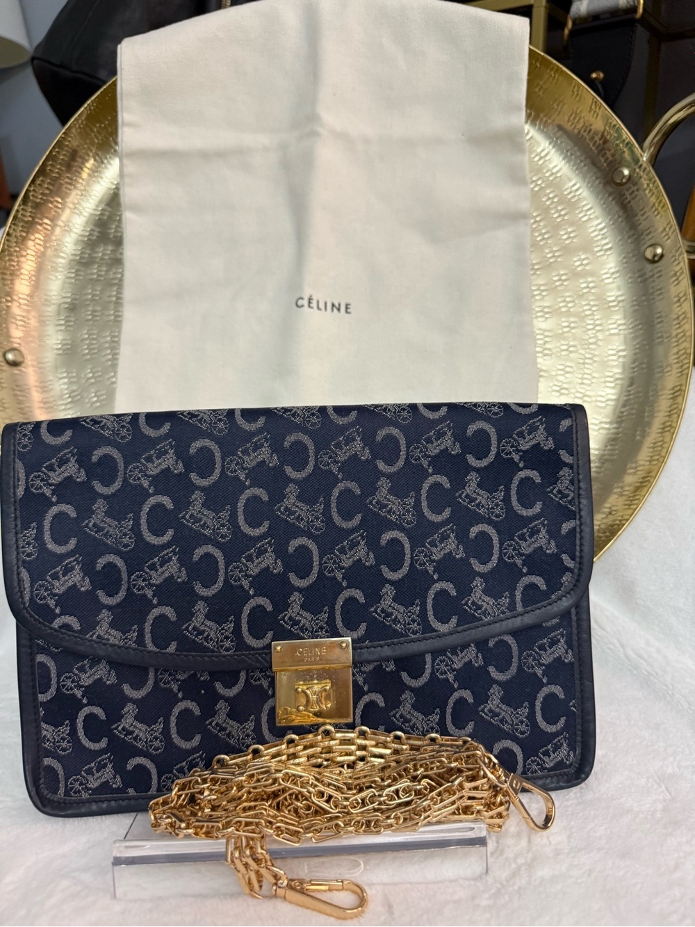 Celine Navy and Cream Triomphe Canvas Chain Shoulder Bag - Picture 1 of 9